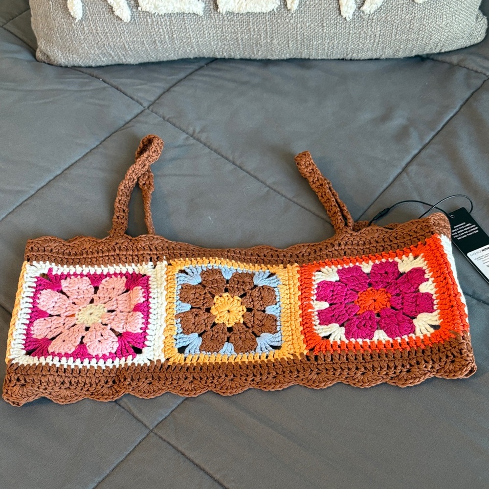Crochet Bralette with Colorful Granny Squares M NEW Brown Boho Festival Crop Top - Picture 3 of 7